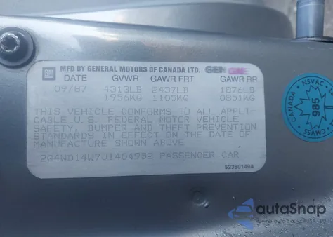 1988 Buick Regal Limited z USA, uszkodzony, nr VIN 2G4WD14W7J1404952